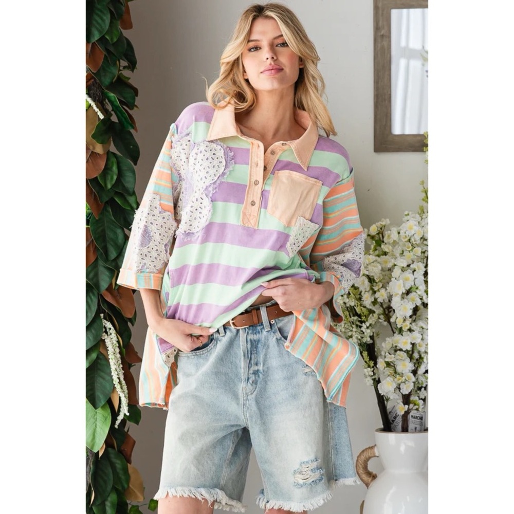 Oli & Hali Mixed Striped Flower Patched Oversized Polo in Orange Mint - Picture 3 of 8